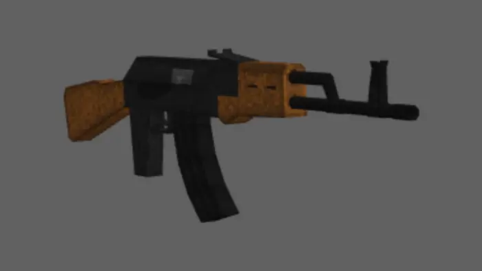 Blocky assault rifle model with wood accents
