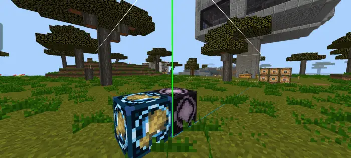 Two custom blocks on grassy terrain