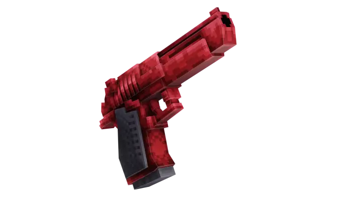 Pixelated red handgun with black grip.