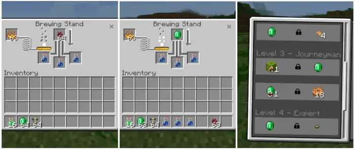 1. Brewing stand with potion ingredients 2. Brewing stand crafting emerald potion 3. Villager trading menu with items