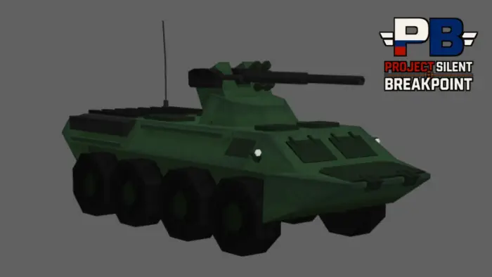 Green armored vehicle with turret and logo.