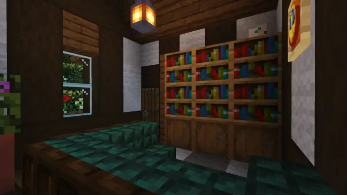 Cozy cottage interior with bookshelves