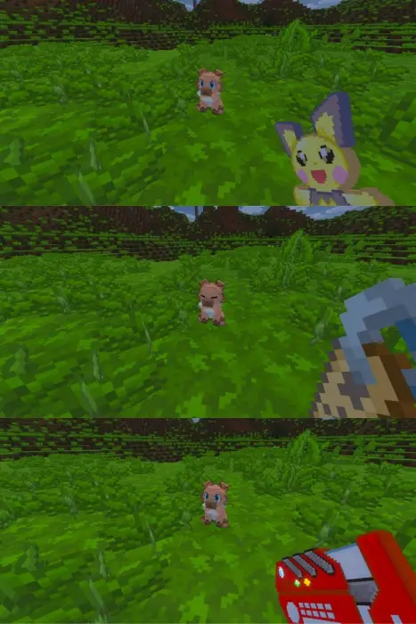 1. Pixel creature in grassy blocky field 2. Item held toward pixel creature 3. Red device used near pixel creature