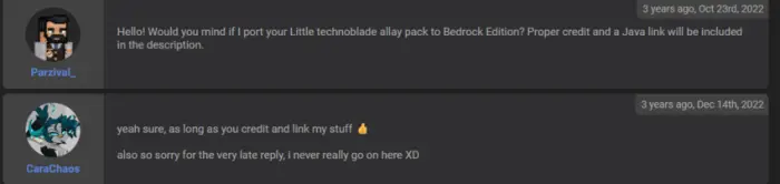Two users discuss porting a texture pack.