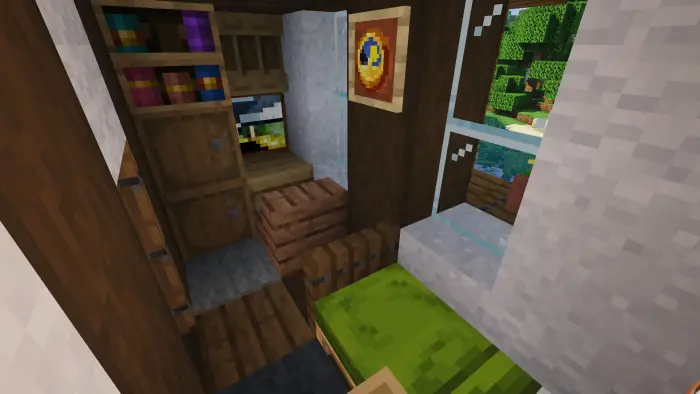 Cozy cottage interior with bed and shelves