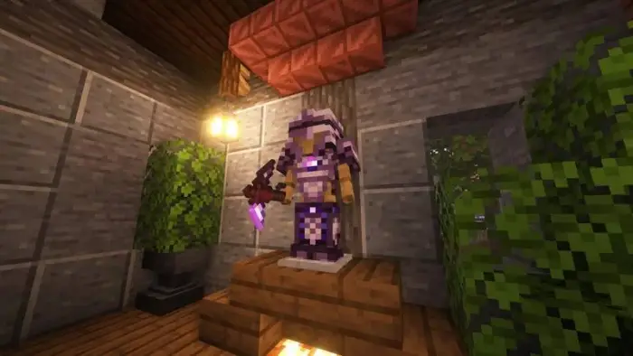 Armored statue with glowing purple gear