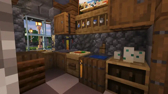 Cozy medieval cottage kitchen interior