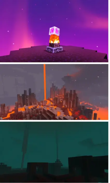 1. Pink-purple sky with glowing beacon 2. Warm-toned lava landscape 3. Teal misty biome atmosphere