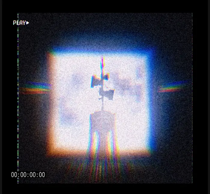 Four-headed siren creature in VHS style.