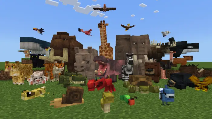 Blocky animals including giraffes, elephants, birds