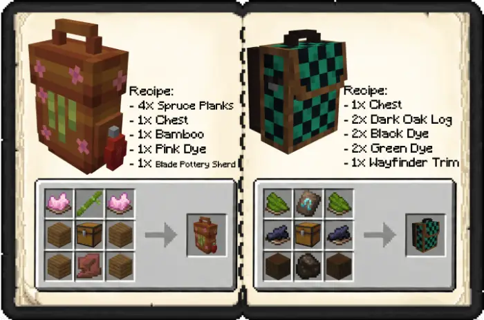 Two backpack crafting recipes with ingredients