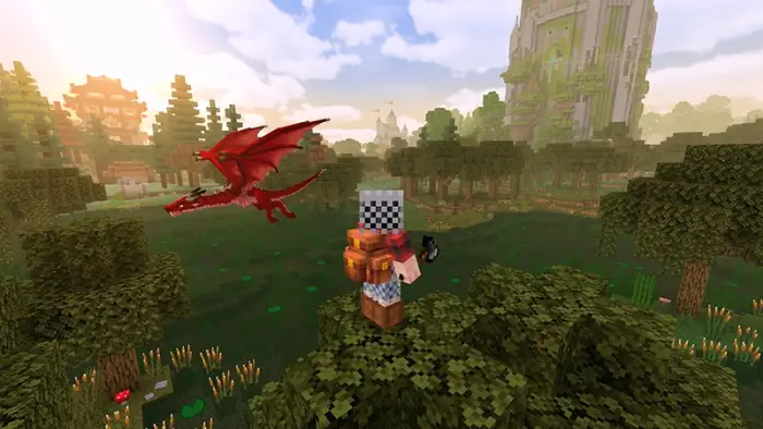 Knight with a red dragon in lush forest