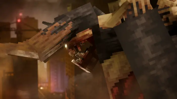 Pixelated alien-zombie boss in action