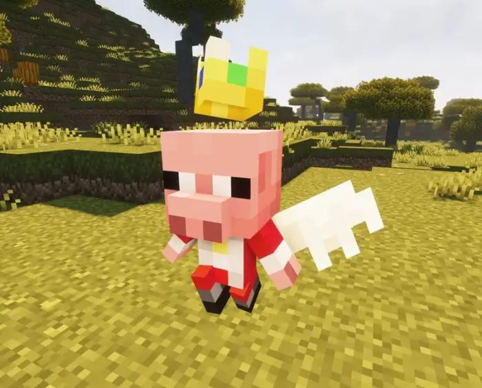 Blocky winged pig with crown in savanna