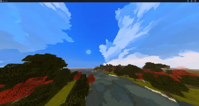 Bright blue sky with stylized clouds above trees