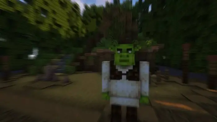 Blocky Shrek character in a forest scene