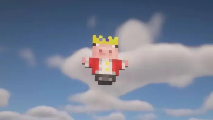 Pixel totem with crown and red cape in sky