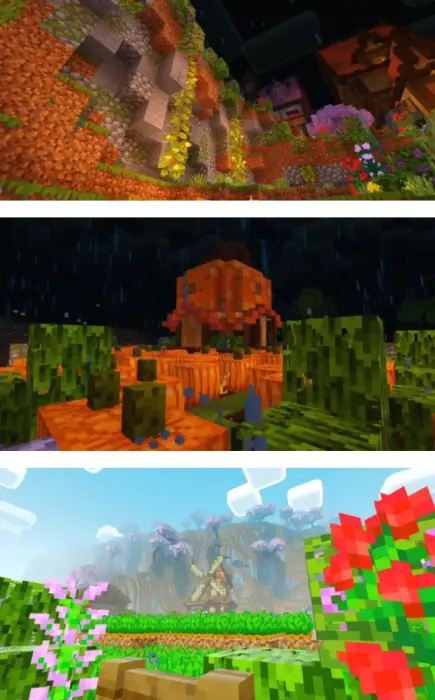 1. Bright hillside with glowing lighting 2. Rainy night scene with pumpkin house 3. Vivid sunrise over lush pixel landscape