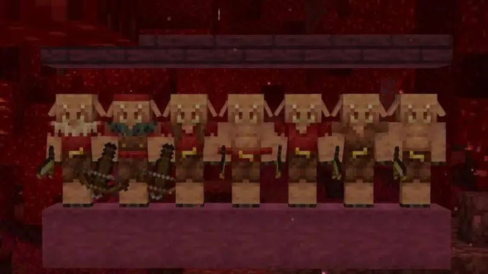 Six piglins with different skins standing.