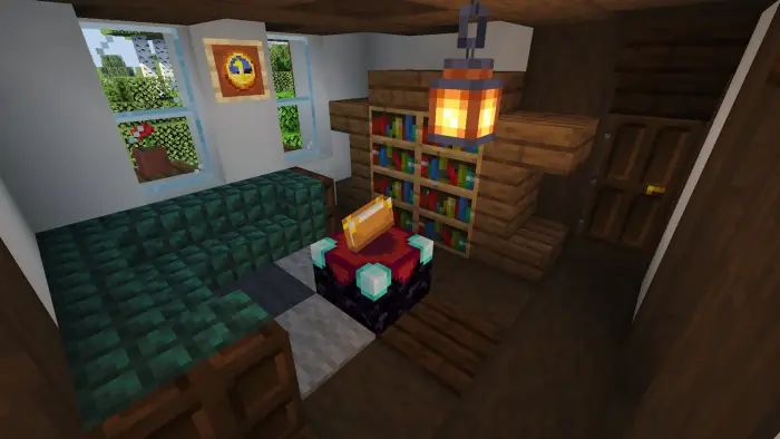 Cozy fantasy house interior with bookshelves