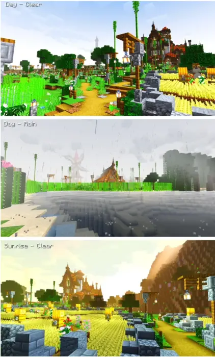 1. Lush village under clear daylight 2. Rainy landscape with muted colors 3. Golden sunrise over vibrant fields