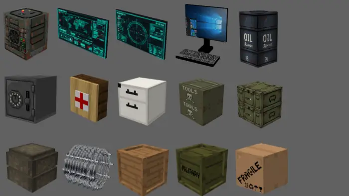 Military crates, monitors, barrels, and supplies