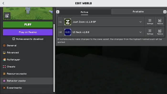 ALT Behavior packs menu with Just Zoom mod