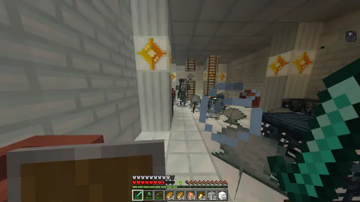 Player battles mobs in snowy temple corridor.