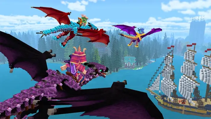 Blocky dragons fly above a ship and forest.