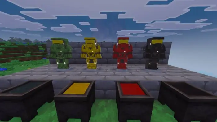 Four colored Halo armors on display stands