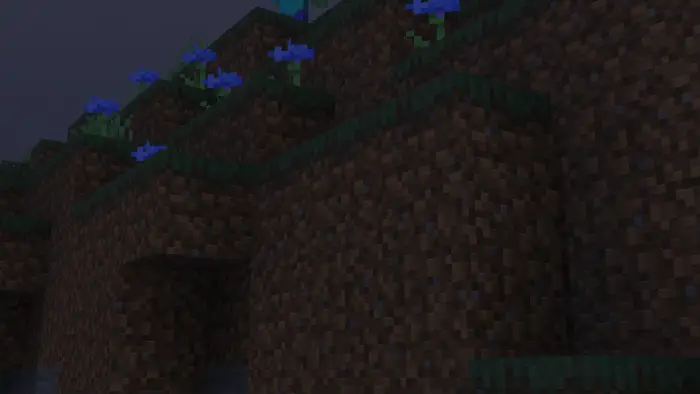 Textured hillside with blue flowers at dusk