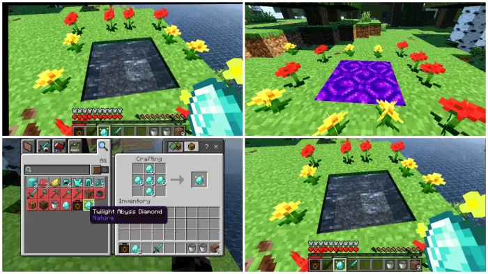 1. Dark portal surrounded by flowers 2. Activated purple portal in flowers 3. Crafting Twilight Abyss Diamond 4. Player holdi