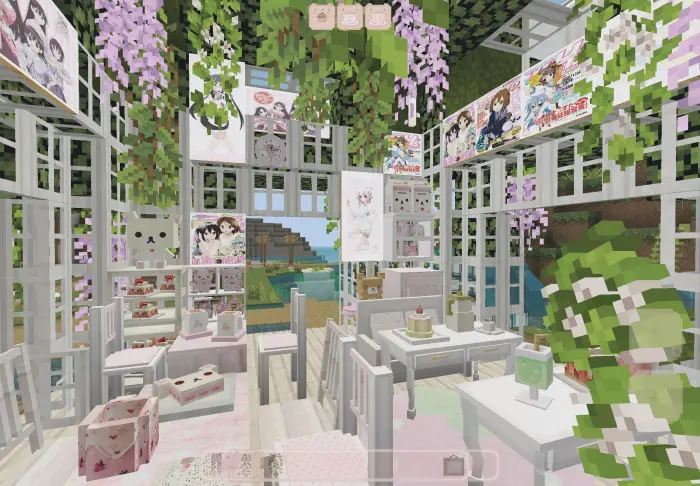 Anime posters and cute decor in glass room