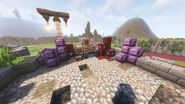 Purple netherite blocks and tools display