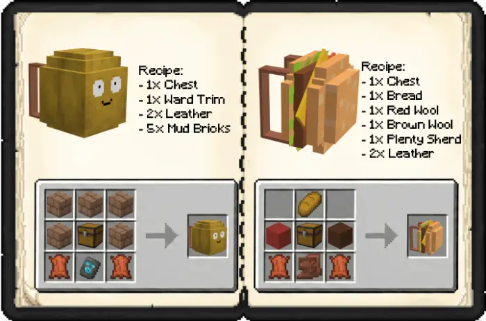 Two backpack crafting recipes in a recipe book