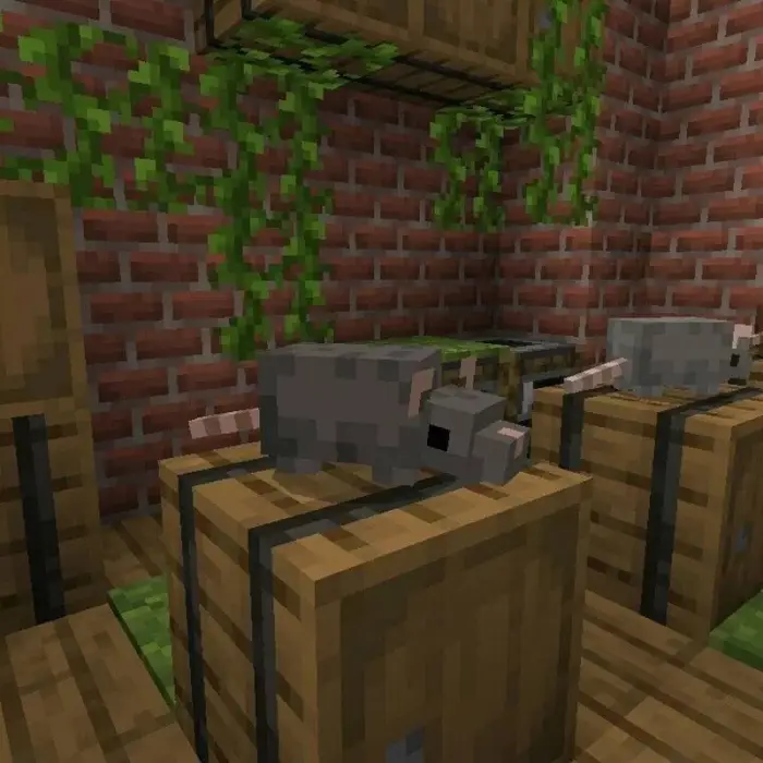 Pixel rats on crates in a brick room