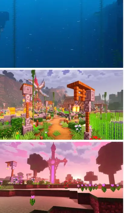 1. Underwater scene with soft blue hues 2. Village with pastel lighting and clear sky 3. Landscape with pink-purple sunset sk