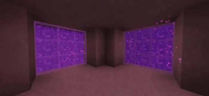 Two glowing purple portal walls in a room