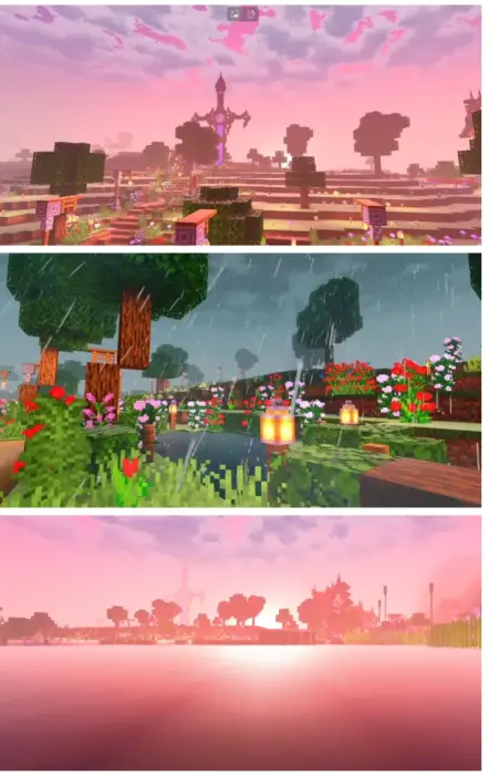 1. Pastel pink sky over a stylized landscape 2. Rainy garden with glowing lanterns 3. Sunset reflecting on a pink-hued lake