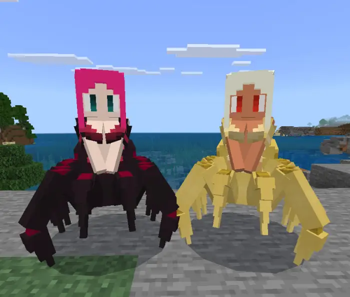 Two colorful spider hybrids on a stone path.