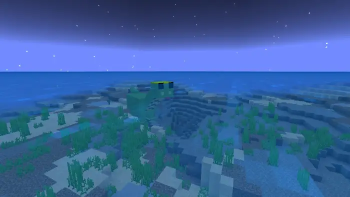 Blocky serpent goddess underwater at night