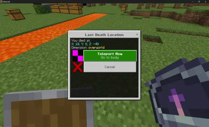 Waypoint teleport menu near lava and chests