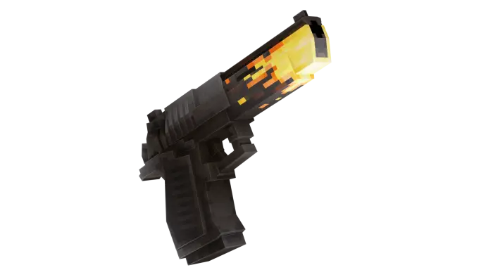 Pixelated 3D handgun firing with muzzle flash