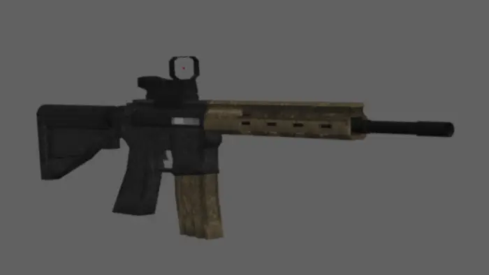 3D tactical rifle with scope and camo details