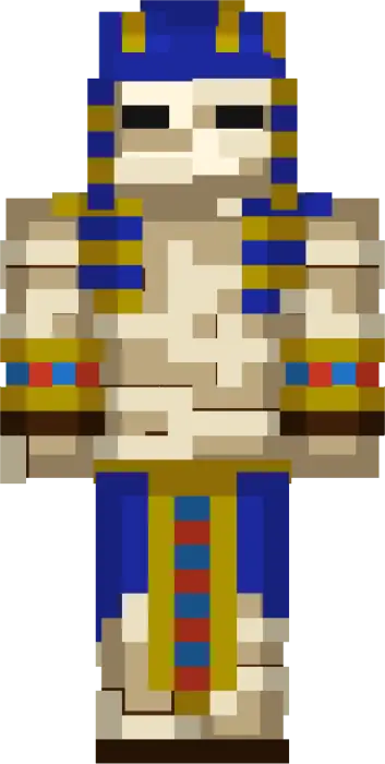 Pixelated pharaoh mummy in blue and gold
