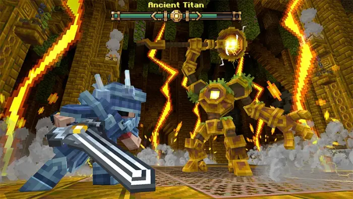 Armored warrior battles massive titan boss.