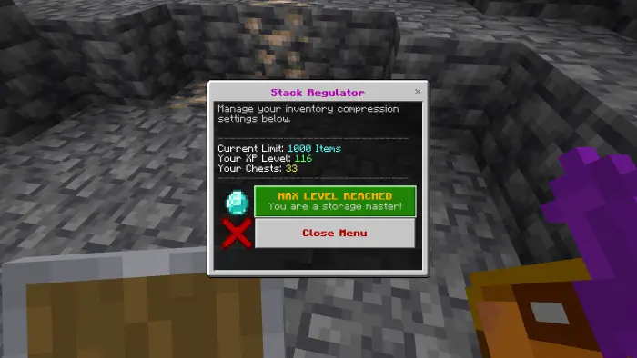 Inventory compression menu with max stack reached