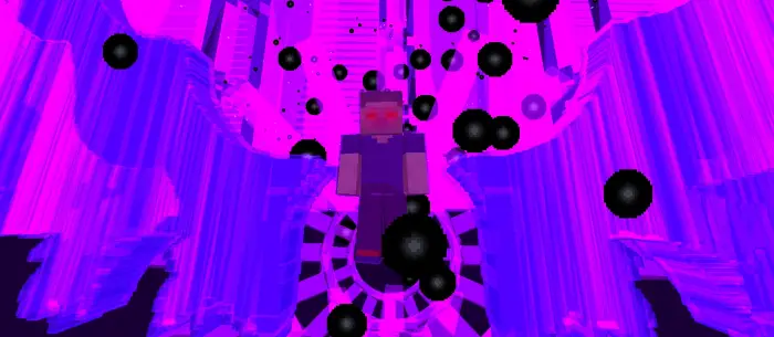 Steve floats in a purple, glowing arena.