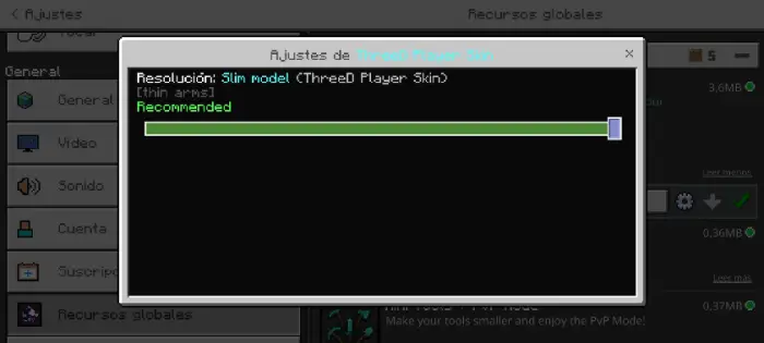 Settings menu for ThreeD Player Skin mod