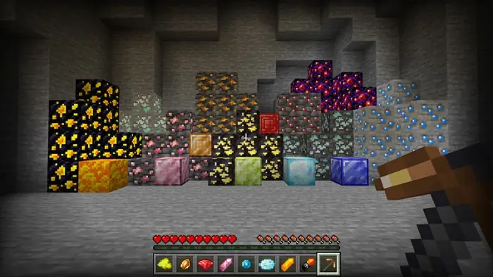 Various colorful ores and blocks in a cave